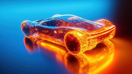 Creative glowing car hologram interface on orange blue background. Transport diagnostics and futuristic technology concept. 3D Rendering.