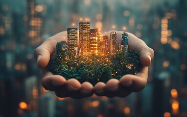 Sustainable urban cityscape in hands, futuristic ecoarchitecture, renewable energy, vertical gardens, glowing lights, photorealism, intricate details, cinematic depth