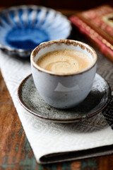 Cup of coffee on wooden background. Soft focus. Copy space.	