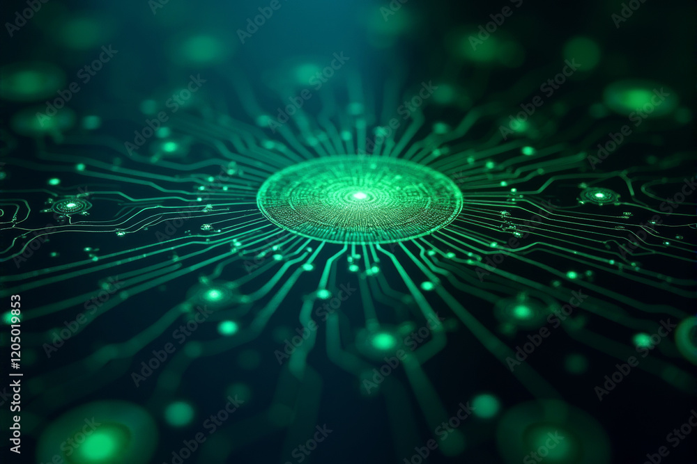 Aufkleber a glowing ai circuit board, with intricate designs representing neural networks, illuminated in gree