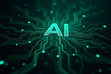 A glowing AI circuit board, with intricate designs representing neural networks, illuminated in green and blue tones against a dark, high-tech background.