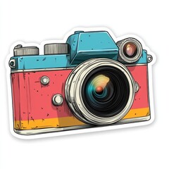 A vibrant retro camera illustration with bold colors and sketch-like details, perfect for design projects and creative themes emphasizing photography