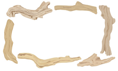 Frame of driftwood isolated on white background. Tree branches, wood sticks. Hand drawn vector.	
