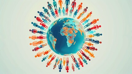 Craft a dynamic graphic featuring a globe surrounded by silhouettes of people from different nations, each holding a symbol of a specific health initiative Capture 