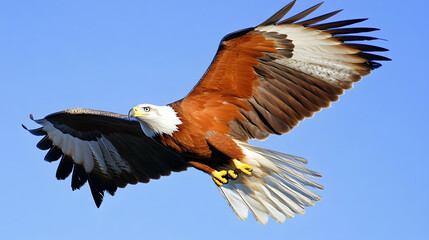 Obraz premium Majestic Brahminy Kite in flight against a vibrant blue sky. The bird's plumage is beautifully detailed.