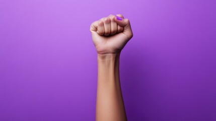 Strong clenched fist raised against isolated purple background. Symbol of female movement, feminists rights sign. Feminism protest banner. Happy women's day card. 8 march celebration. Girl power.