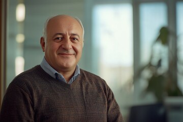 Fototapeta premium Bald Man in Brown Sweater Blue Shirt