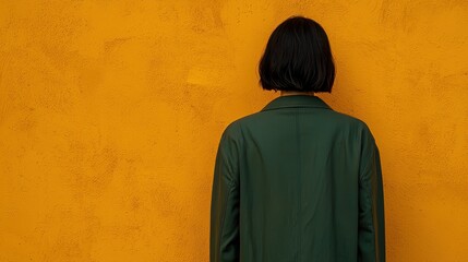 Naklejka premium Woman in Green Coat Facing a Vibrant Yellow Wall Background