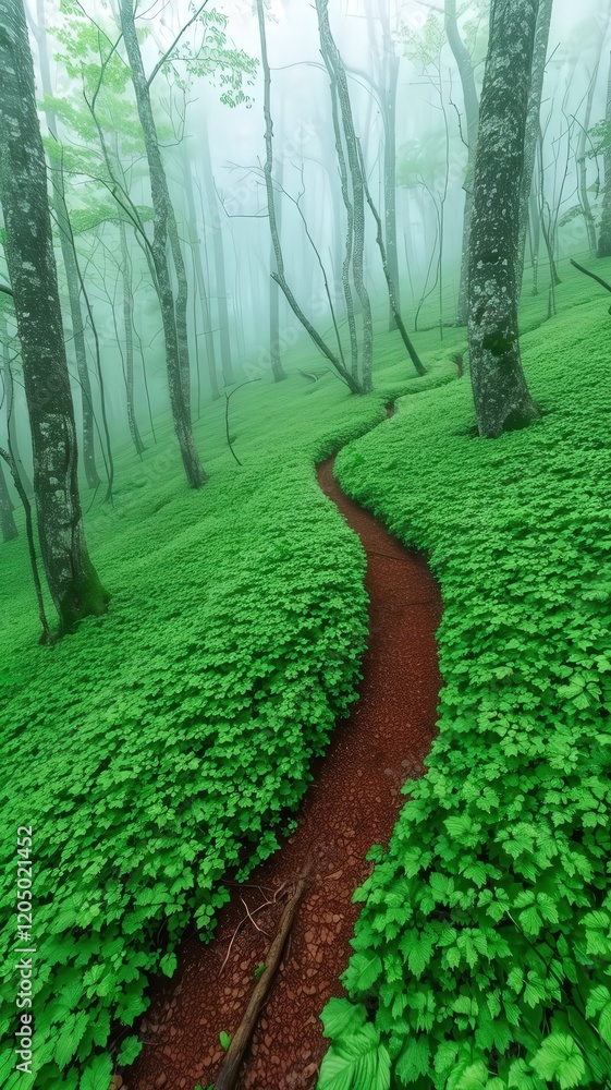 Poster a misty forest path winds through lush greenery, creating a serene and tranquil atmosphere, inviting