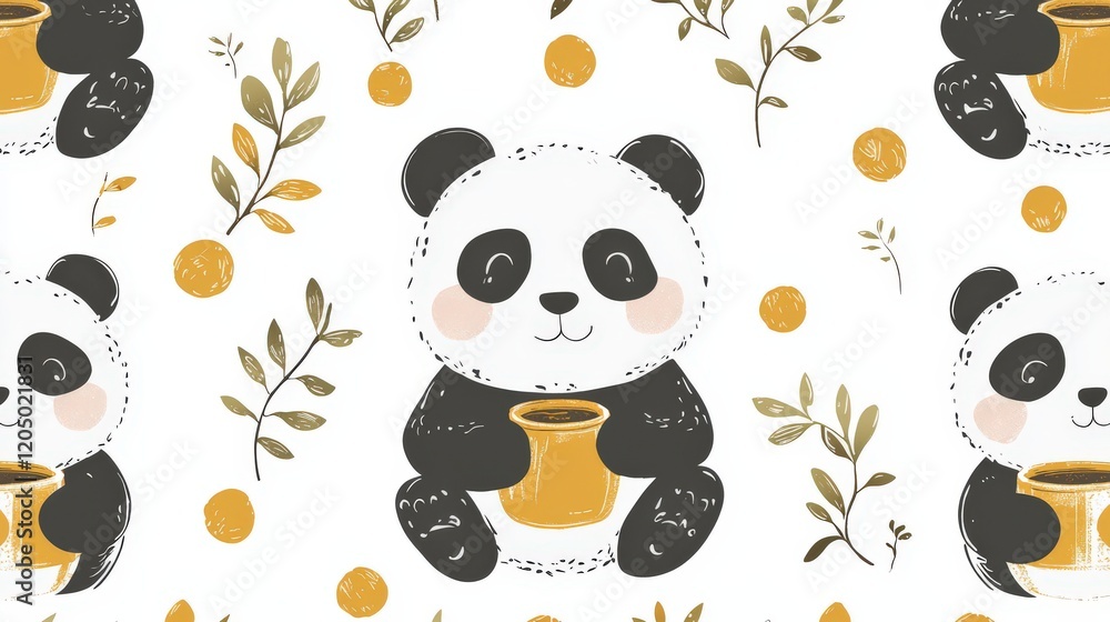 Aufkleber cute panda characters in a playful pattern with plants and oranges for design projects