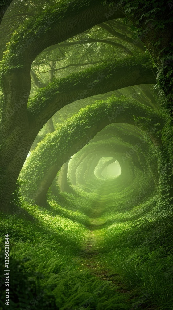 Poster a lush, green forest path bordered by twisted trees creates a serene and magical atmosphere filled w