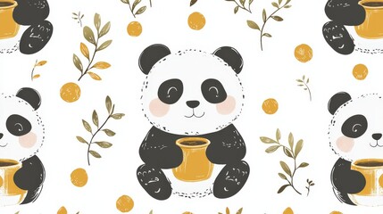 Cute Panda Characters in a Playful Pattern with Plants and Oranges for Design Projects