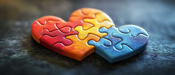 Interlocked heartshaped puzzle pieces in vibrant tones, floating on a dark, smooth surface, ultrahigh resolution and detailed highlights