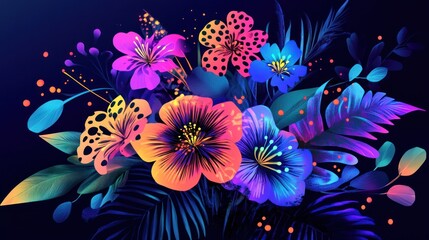 Naklejka premium A flat bouquet of trendy flowers with neon animal print patterns, highlighted with glowing effects and bold geometric shapes.