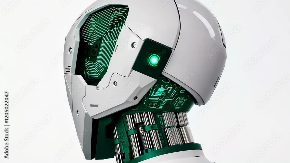 Poster futuristic robot with sleek white design and intricate circuitry in profile, showcasing advanced tec
