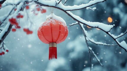 Snowy Tree with Red Lantern