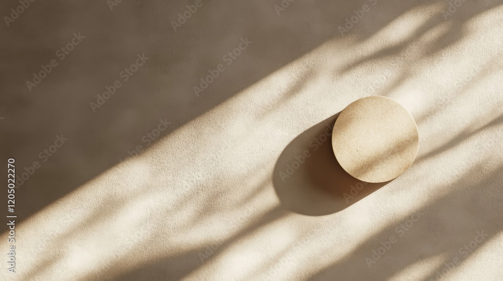 Poster beige textured background with circular object and sunlight shadows