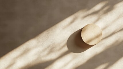 Beige textured background with circular object and sunlight shadows