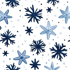 Seamless Watercolor Indigo Blue Snowflake and Star Pattern for Winter Holidays