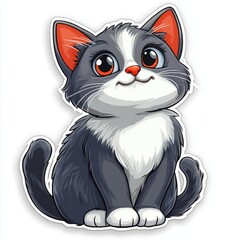 Obraz premium Adorable cartoon-style cat with big eyes sitting patiently on a plain white background ready for playtime and fun
