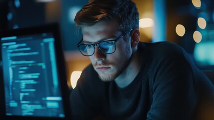Tech worker coding new blockchain applications for financial transactions in an office.