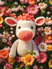 Crocheted Cow in Flower Field