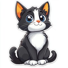Obraz premium Cute cartoon black and white cat with big blue eyes and orange inner ears sitting down isolated on a white background