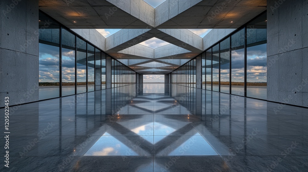 Poster symmetrical geometric design in modern architecture interior space reflective environment minimalist