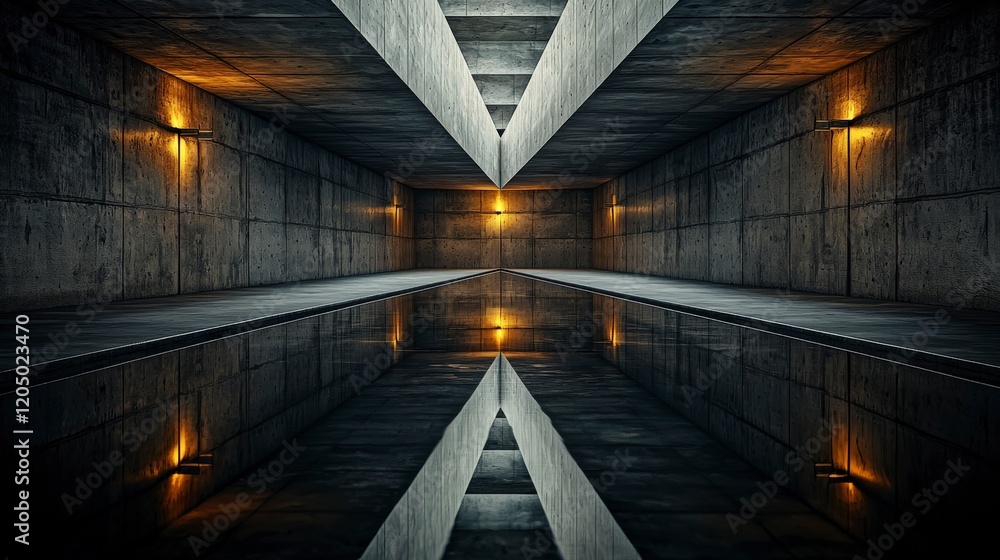 Poster symmetrical geometric design reflection modern architecture interior space urban environment low ang