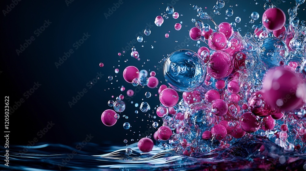 Poster Dynamic sequence of colorful shapes breathing in water studio setting abstract art dark background close-up visual rhythm