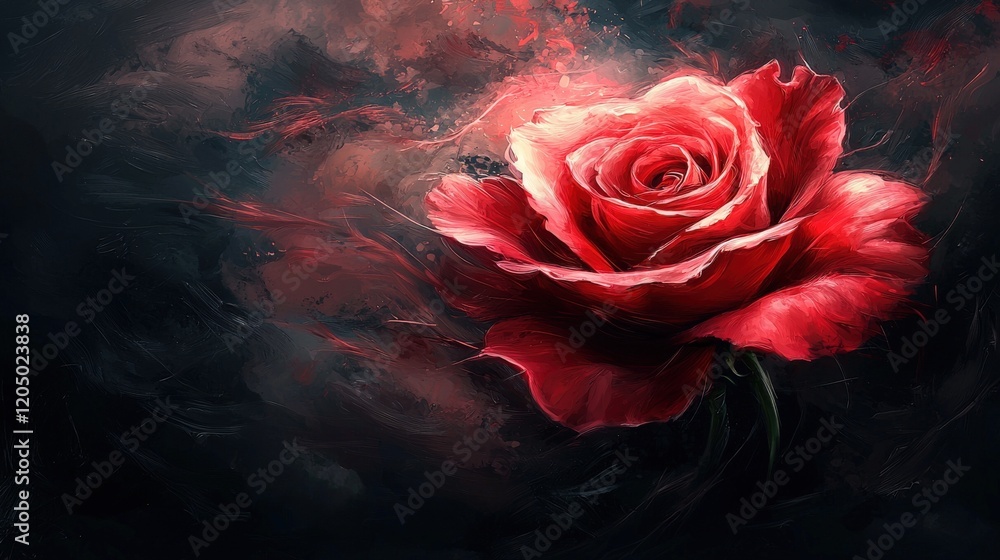 Aufkleber vibrant red rose on dark abstract background with swirling patterns and textures