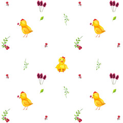 watercolor spring pattern with cute chickens and flowers. Seamless pattern for wrapping paper and baby textiles