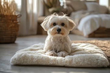 Maltese dog sitting on the floor in front of a dog bed, soft-focused white and beige interior, professional photography style.