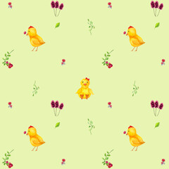 seamless pattern spring illustration with chickens and flowers Easter