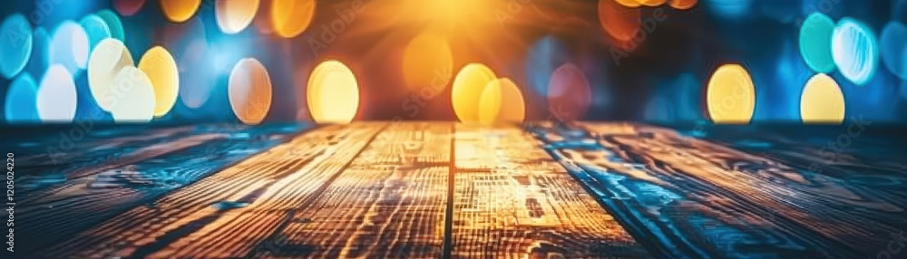 Poster a vibrant, illuminated wooden surface with colorful bokeh lights in the background, creating a festi