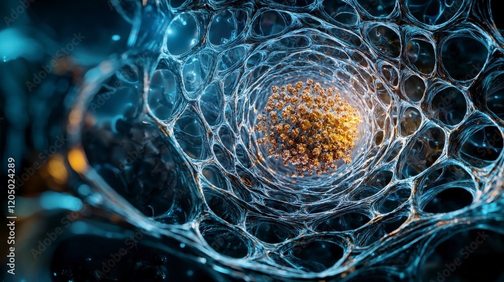 Poster intricate cellular structure revealed in 3d scientific visualization laboratory close-up detailed bi