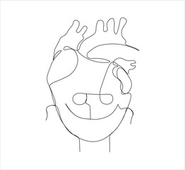 One continuous line drawing of human heart organ. single line of human heart concept illustration.  editable outline