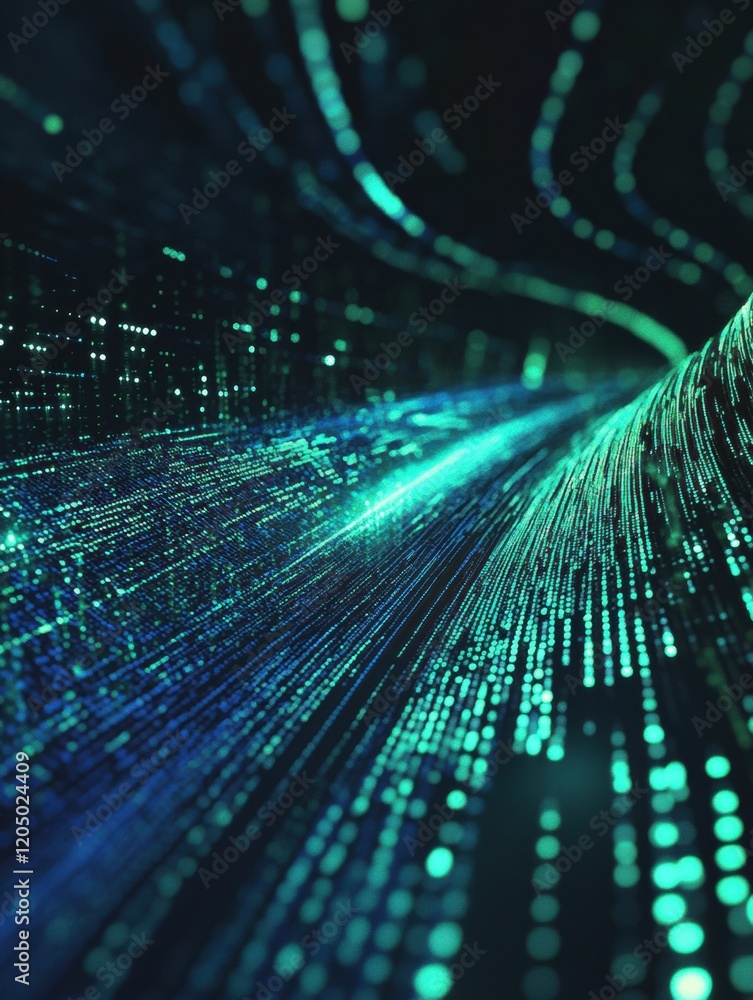 Poster Dynamic flow of data illustrated through glowing lines in an abstract digital environment. Generative AI