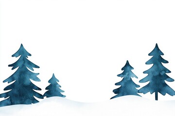 Watercolor Winter Wonderland Minimalist Blue Pine Trees in Snowy Landscape