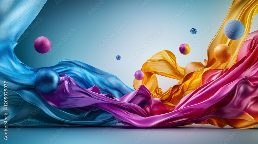 Poster Vibrant colorful flow of silks and spheres abstract art studio environment dynamic viewpoint visual contrast for creativity