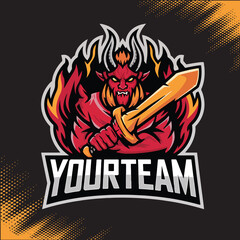 Red Devil With Sword Mascot Team Esports Logo Vector Illustration