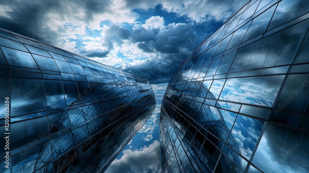 Poster dynamic reflections of modern architecture urban landscape digital art cloudy skies low angle warped
