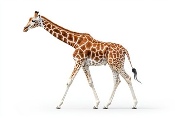 Naklejka premium Giraffe walking in full body profile on white background. Majestic wild animal isolated in nature, graceful movement, tall neck and unique pattern.