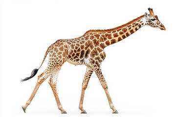 Obraz premium Giraffe walking in full body profile on white background. Majestic wild animal isolated in nature, graceful movement, tall neck and unique pattern.
