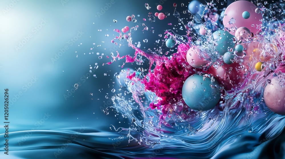 Aufkleber Abstract shapes rotating and shifting in a planetary motion dynamic water splash digital art fluid environment vivid colors