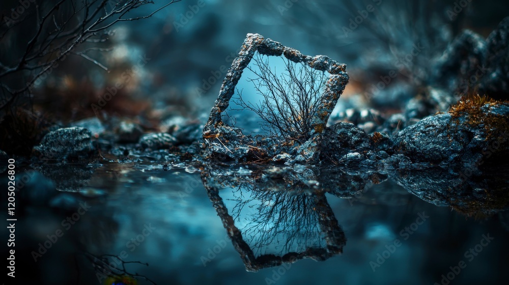 Poster Dynamic asymmetrical design reflective frame in tranquil nature landscape serene and balanced environment