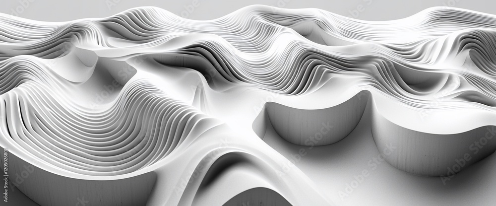 Poster Abstract grayscale 3D rendering of layered, flowing, undulating forms resembling hills or waves.