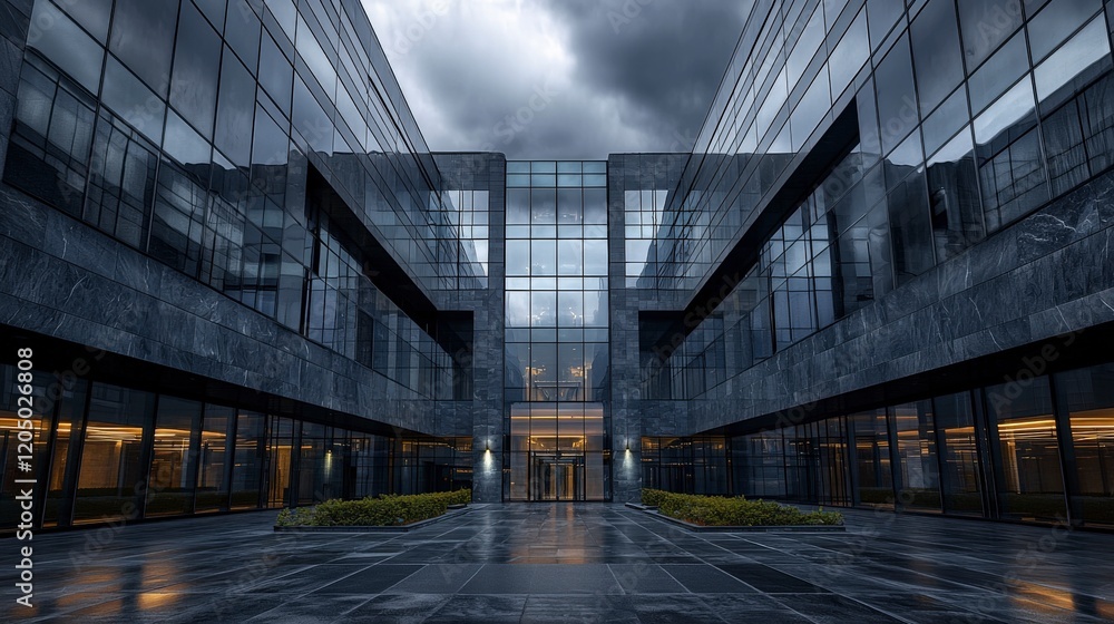 Fototapete dynamic asymmetrical architecture design urban setting modern structure gray skies wide angle contem