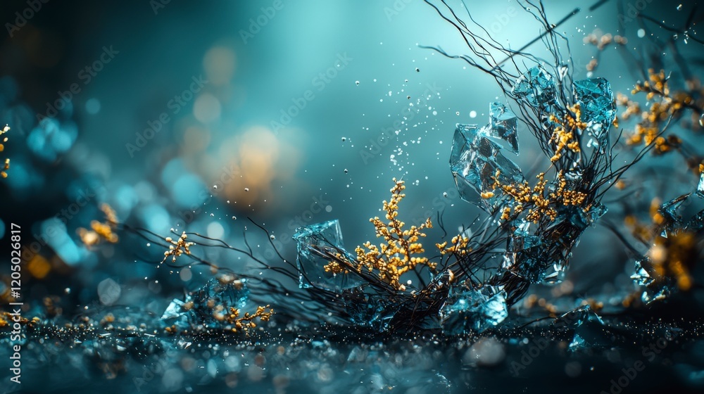 Poster Dynamic asymmetrical design with nature elements abstract scene artistic composition ethereal environment