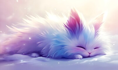 Fluffy pastel bunny sleeping peacefully in winter wonderland; digital art, children's book illustration